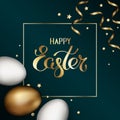 Happy easter in golden frame. Close up of gold and white easter eggs on dark background with golden serpentine and confetti