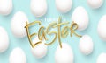 Happy Easter golden inscription on a blue background with realistic white easter eggs. Vector illustration