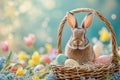 Happy easter grass Eggs Bunny Bounties Basket. White tone Bunny Arrangement. devotion background wallpaper Royalty Free Stock Photo