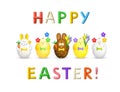 Happy easter greating card. Text from 3d colorful plasticine letters. Figurines of white and yellow chickens, white rabbit, brown