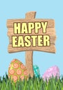 Happy Easter. Green grass. Colorful Easter eggs. Traditional treats for Easter. Wooden plaque. Wooden pointer. Colored eggs