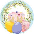 Round branch wreath with realistic Easter eggs and Easter cake in a wreath of willow branches and young leaves. With Royalty Free Stock Photo