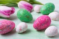 Easter background with white, green, pink eggs Royalty Free Stock Photo