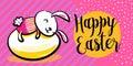 Happy easter greeting banner background with cute dressed bunny on the egg, hugging it. Striped and dots texture, with Royalty Free Stock Photo