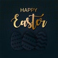 Happy Easter greeting banner with a gold lettering. Paper cut Layered Eggs Hunt. Holiday symbol for fashion, shopping