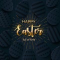 Happy Easter greeting banner with a gold lettering. Paper cut Layered Eggs Hunt. Holiday symbol for fashion, shopping