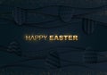 Happy Easter greeting banner with a gold lettering. Paper cut Layered Eggs Hunt. Holiday symbol for fashion, shopping