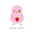 Happy Easter greeting card banner template. Kawaii pink chick cute funny bird with pink cheeks and winking eyes, strawberry,