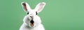 Happy Easter greeting card banner - White Easter bunny rabbit who looks amazed or scared, mouth opened, isolated on green