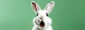 Happy Easter greeting card banner - White Easter bunny rabbit who looks amazed or scared, mouth opened, isolated on green