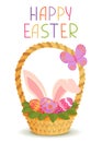 Happy Easter greeting card. Basket with Easter eggs, rabbit ears and butterfly. Vector illustration in simple flat style Royalty Free Stock Photo