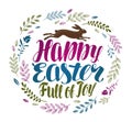 Happy Easter, greeting card. Beautiful handwritten lettering with floral ornament. Vector illustration