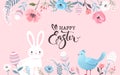 Happy Easter greeting card. Bee, flowers, plants, cute bunnies, birds and rabbits in pastel colors. Royalty Free Stock Photo