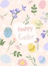 Happy Easter greeting card. Bright compositions with spring flowers, Easter eggs, leaves. Spring flowering. Vector