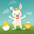 Happy Easter Greeting Card with Bunny and Chicks. White Cute Easter Bunny with Egg. Vector illustration