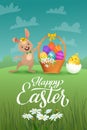 Happy Easter Greeting Card with Bunny and Chicks. White Cute Easter Bunny with Egg. Vector illustration