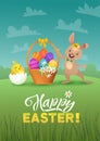 Happy Easter Greeting Card with Bunny and Chicks. White Cute Easter Bunny with Egg. Vector illustration