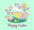 Happy easter greeting card with bunny colorful eggs and meadow flowers