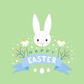 Happy Easter. Greeting card with bunny, daisy flowers, branches and eggs. Vector illustration, flat design