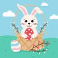 Happy Easter greeting card with bunny, eggs, willows and basket. Vector illustration Royalty Free Stock Photo