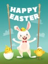 Happy Easter Greeting Card with Bunny and Letter Garland. White Cute Easter Bunny with Colorful Egg. Vector illustration Royalty Free Stock Photo