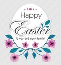 Happy Easter Greeting Card With Cherries Blossom And Egg. Vector Illustration