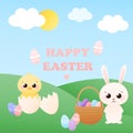Happy easter greeting card in childish style with characters - easter bunny and chick,egg hunt, basket with eggs Royalty Free Stock Photo