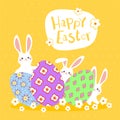 Happy Easter greeting card with colorful eggs and bunny on yellow background