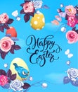 Happy Easter greeting card with colorful eggs, half-colored rose flowers and pretty little bird against blue spring sky Royalty Free Stock Photo