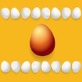 Happy easter greeting card with colorful golden egg and white eggs isolated on orange background. Vector Happy easter Royalty Free Stock Photo