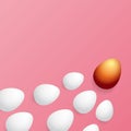 Happy easter greeting card with colorful golden egg and white eggs isolated on pink background. Vector Happy easter Royalty Free Stock Photo