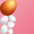 Happy easter greeting card with colorful golden egg and white eggs isolated on pink background. Vector Happy easter Royalty Free Stock Photo