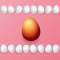 Happy easter greeting card with colorful golden egg and white eggs isolated on pink background. Vector Happy easter Royalty Free Stock Photo