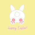 Happy Easter greeting card with cute easter bunny from back view and writing