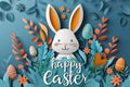 Happy Easter greeting card with cute bunny and flowers