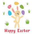 Happy Easter greeting card with a cute bunny juggling eggs. Springtime cute bunny print