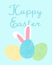 Happy easter greeting card with cute cartoon bunny ears and colored eggs on blue background with handwritten sign, editable vector Royalty Free Stock Photo