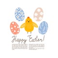 Happy Easter greeting card with cute cartoon chicken, eggs and lettering. Royalty Free Stock Photo