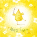 Happy easter greeting card. Cute chicken with text in stylish colors.