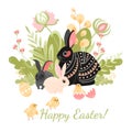 Happy Easter greeting card with cute rabbits, chickens and eggs on a background of flowers and leaves Royalty Free Stock Photo