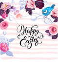 Happy Easter greeting card decorated by gorgeous bunches of semi-colored roses, colorful eggs and cute blue bird against