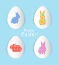 Happy Easter greeting card design with decorative paper eggs and bunny silhouettes filled with different bright patterns. - Vector Royalty Free Stock Photo