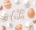 Happy Easter greeting card design with handwritten beautiful lettering and realistic 3d ornate white and brown eggs and small Royalty Free Stock Photo