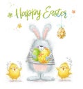 Happy Easter greeting card design. Rabbit with eggs and with cute chickens, flowers.