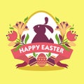 Happy easter greeting card design. Rabbit silhouette, spring flowers Royalty Free Stock Photo