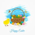 Happy Easter greeting card- easter basket with eggs, yellow chicken and butterflies.