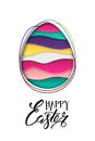 Happy Easter greeting card. Easter egg and 3d abstract multicolor paper cut shapes isolated on white background. Royalty Free Stock Photo