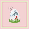 Happy Easter greeting card. Easter egg over field grass and flowers pattern. Festive spring holiday background