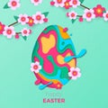 Happy Easter greeting card of egg paper cut and spring flowers background for Easter holiday papercut design