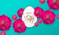 Happy Easter greeting card of egg paper cut, spring flowers and gold text on floral pattern background for Easter Hunt holiday Royalty Free Stock Photo